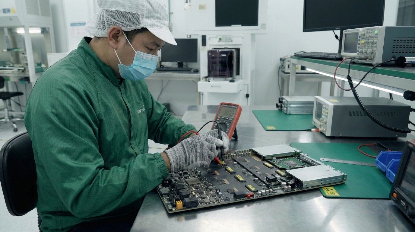 Antergy engineers in green uniforms running GPU diagnostics at test benches